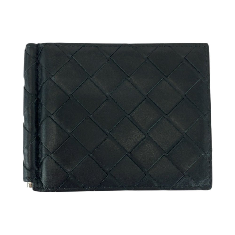 BOTTEGA VENETA Men's Intrecciato Black Leather Folding Wallet with Silver